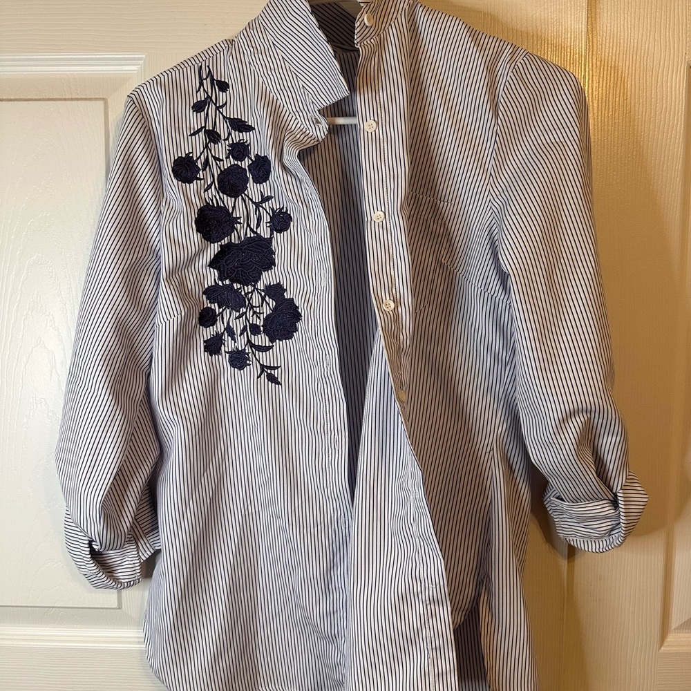 Striped Button-Up Shirt with Navy Floral Embroidery